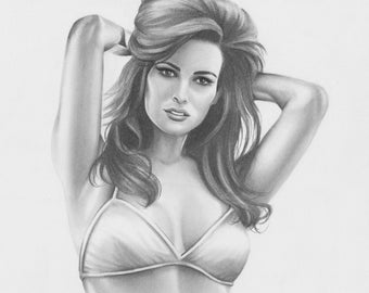 Raquel Welch Pin Up 11x14 Original Drawing Graphite Bikini