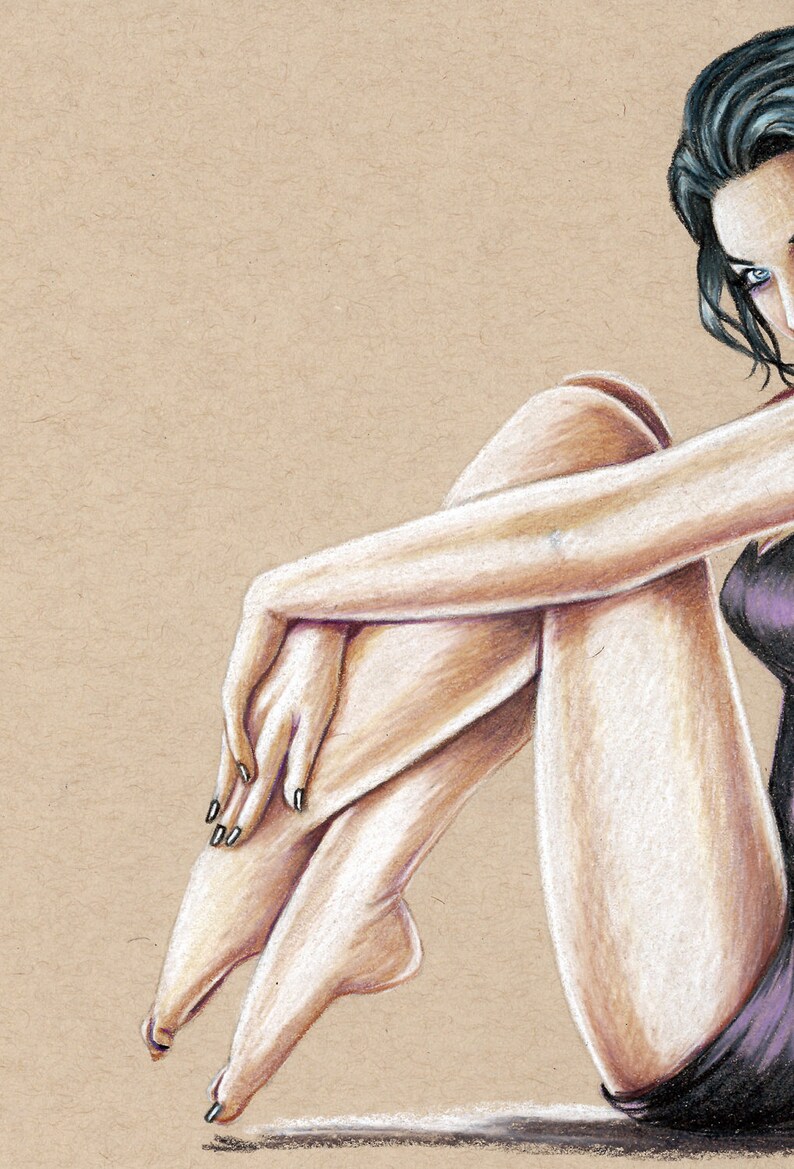 Dark Angel Pin-Up Girl 8.5x11 Original Drawing Colored Pencil