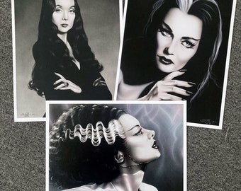 Spooky Legends 11x14 Art Prints 3 Pack Morticia Addams Lily Munster Bride of Frankenstein