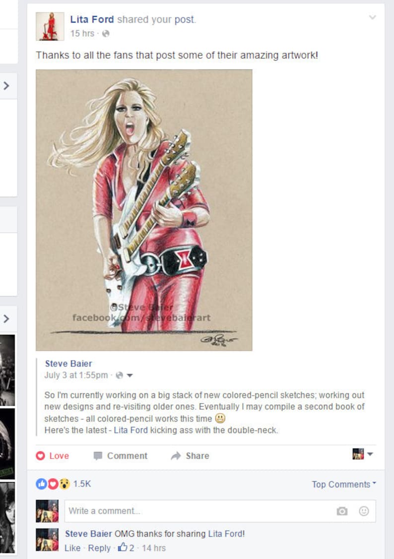Lita Ford w Double Neck 8.5x11 Original Sketch