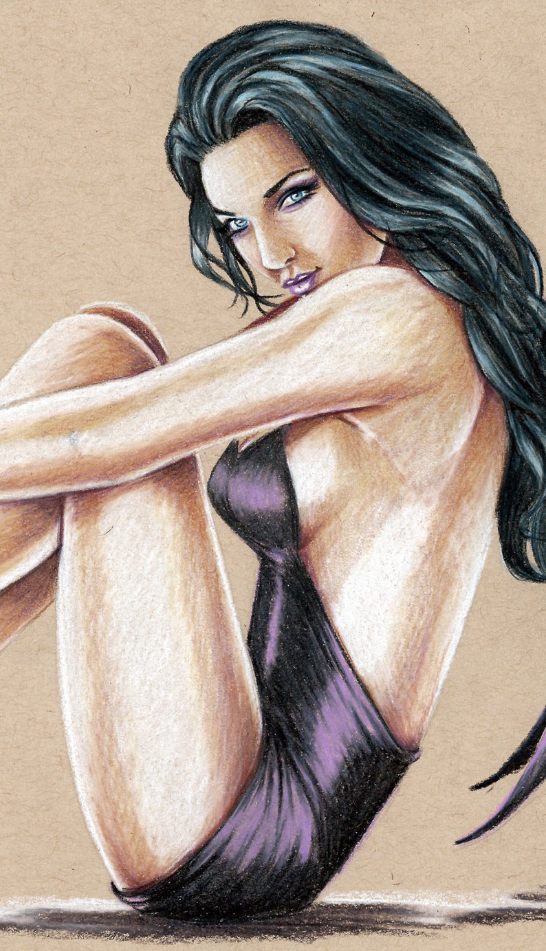 Dark Angel Pin-Up Girl 8.5x11 Original Drawing Colored Pencil
