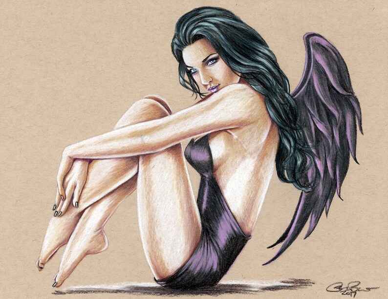 Dark Angel Pin-Up Girl 8.5x11 Original Drawing Colored Pencil