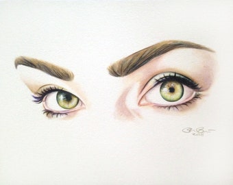 Pretty Green Eyes Close Up Watercolor Pencils 11x14 Original Artwork