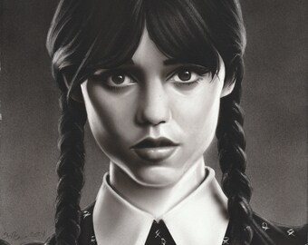 Wednesday 8x10 Original Painting Airbrush Jenna Ortega Addams