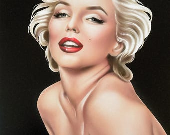 Marilyn Monroe 11x14 Pintura original a color Aerografía Labios rojos Rubia explosiva