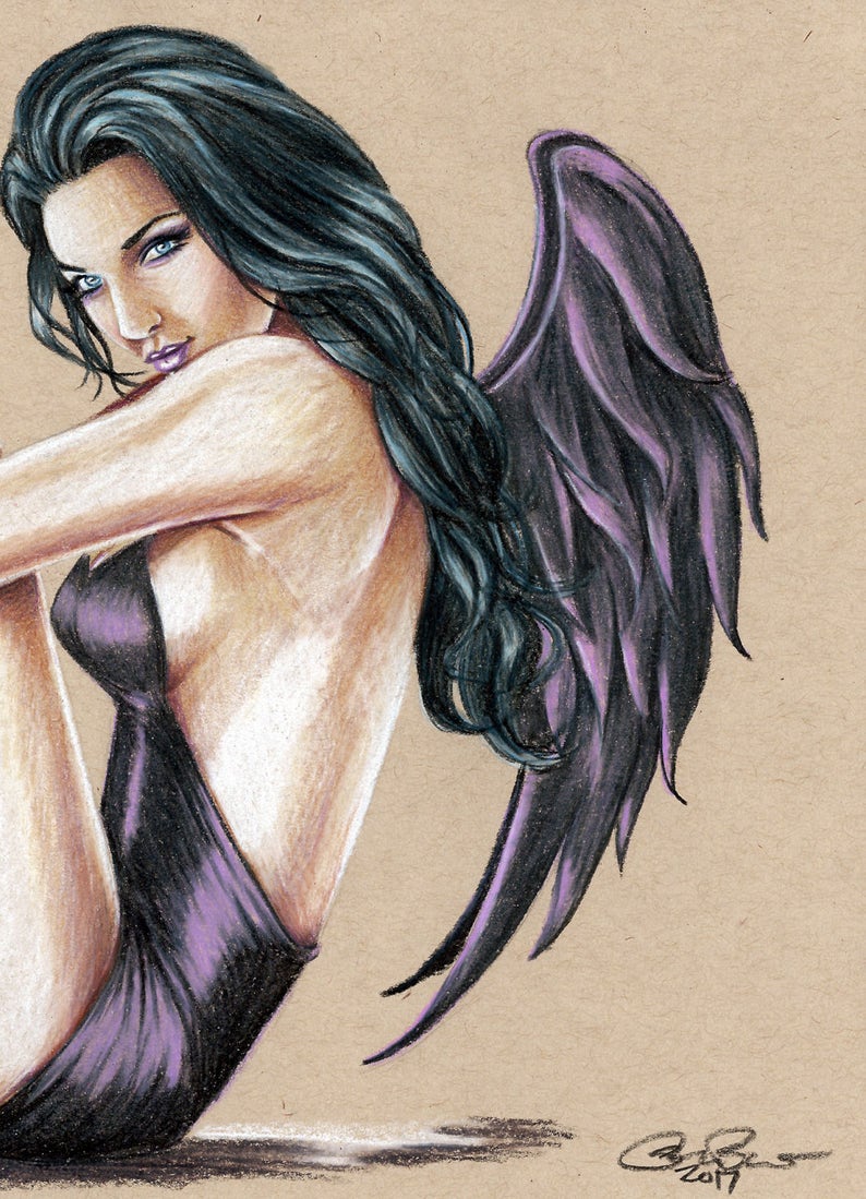 Dark Angel Pin-Up Girl 8.5x11 Original Drawing Colored Pencil