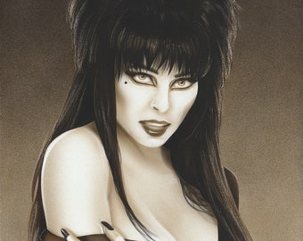 Elvira 8x10 Original Painting Airbrush Sepia Tone Horror Movies Spooky