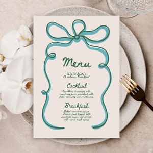 Szablon menu na świąteczną kolację, świąteczna zielona karta menu, niestandardowe edytowalne kolory, natychmiastowe pobieranie cyfrowe, rysowane ręcznie, ilustrowane