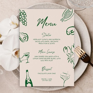 Editable Wedding Menu Template, Mediterranean Food Menu, Illustrated Dinner Menu, Italy Style Reception Menu, Canva Printable