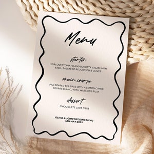 Wavy Wedding Menu, Illustrated Digital Template, Scribble Illustrations, Printable Wedding Menu, Custom Instant Download, Wavy Border
