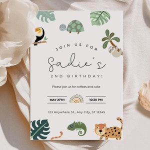 Modello di invito di compleanno safari, invito per festa a tema animali, invito per festa di compleanno per bambini, modello personalizzabile per festa per bambini, animale da festa