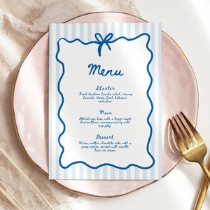 Plantilla de menú de boda azul, menú a rayas, menú de boda personalizado, menú de comida de boda, menú dibujado a mano, conjunto de papelería azul