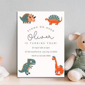 Sjabloon dinosaurusverjaardagsuitnodiging, dierenfeestje uitnodigen, uitnodiging kinderfeestje, aanpasbare sjabloon kinderfeestje, dinosaurusfeestje