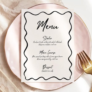 Handgezeichnete Dinnerparty-Menüvorlage, benutzerdefinierte Menükarte, Menükarte mit gewelltem Rand, Cocktailparty-Menü, illustriertes Partymenü