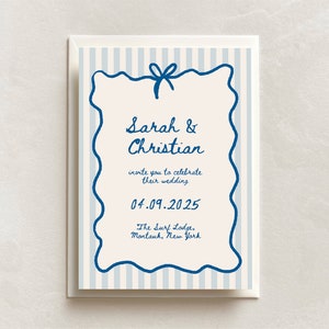 Modelo de menu de casamento azul sinal de casamento listrado facilmente editável ilustrado estacionário ondulado desenhado à mão azul convite para salvar a data cartão de evento