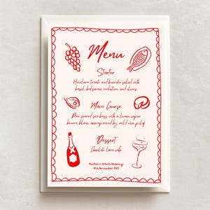 Handgezeichnetes illustriertes Menü, benutzerdefiniertes bearbeitbares Dinnerparty-Menü, illustriertes Menü, Italien mediterranes Vibe, europäisches Hochzeitsmenü