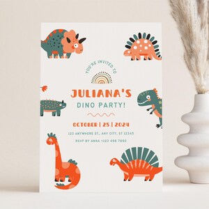 Sjabloon dino-feestuitnodiging, dierenfeestje uitnodigen, dinosaurusverjaardagsuitnodiging, bewerkbare kinderfeestje, dino-feestje