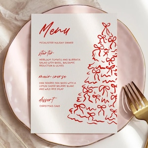 Szablon menu na świąteczną kolację, świąteczna czerwona karta menu, niestandardowe edytowalne kolory, natychmiastowe pobieranie cyfrowe, rysowane ręcznie, ilustrowane
