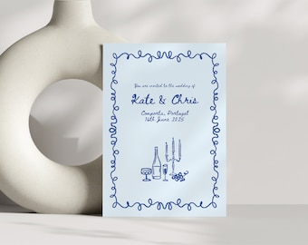 Wedding Invitation Digital Template Easily Editable Illustrated Stationary Wavy Hand Drawn Invite