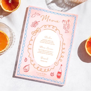 Menu de casamento em aquarela, menu em aquarela, cartão de casamento ilustrado, menu de casamento colorido, modelo digital, menu de coquetel