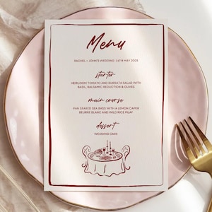 Modello di menu per matrimonio da scaricare, menu illustrato, menu per matrimonio in Borgogna, menu per matrimonio scritto a mano, cena, menu modificabile