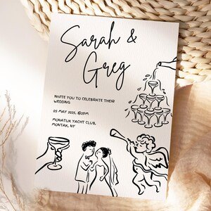 Convite de casamento ilustrado – modelo editável do Canva, torre de champanhe desenhada à mão e design de cupido, cartão de casamento para impressão