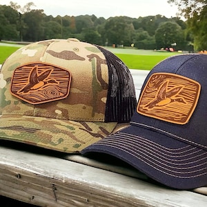 Duck Hunting Hat, Duck Hunters Gift for Dad or Husband, Leather Patch Trucker Hat, Richardson 112 Snapback, Camo Duck Hunting Hat, Waterfowl
