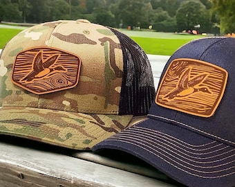 Duck Hunting Hat, Duck Hunters Gift for Dad or Husband, Leather Patch Trucker Hat, Richardson 112 Snapback, Camo Duck Hunting Hat, Waterfowl