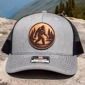 Bigfoot Leather Patch Trucker Hat: Sasquatch Gift for Outdoorsman