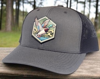 Duck Hunting Trucker Hat: UV Printed Mallard Patch, Richardson 112 Camo