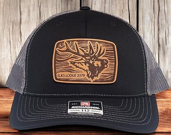 Personalized Elks Lodge Trucker Hat: Engraved Leather Patch, Wood Grain Design