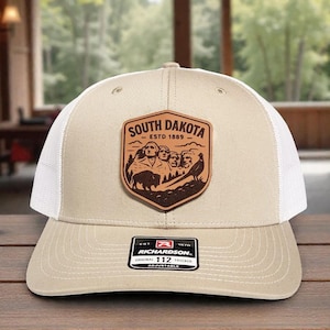 South Dakota Trucker Hat with Leather Patch - South Dakota Gift Idea - State Pride Hat - Adjustable Snapback for Men & Women - Richardson