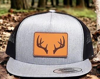 Hunting Trucker Hat - Deer Antlers Hat - Deer Hunting Gift for Dad, Husband and Outdoorsman - Leather Patch Hat - Flat Bill Camo Hat