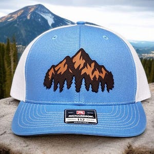 Mountain Hat, Hiking Hat, Trucker Hat, Outdoor Adventure Hats, Gift for Men or Women, Camping Hats, Leather Patch Hats, Camo Baseball Cap