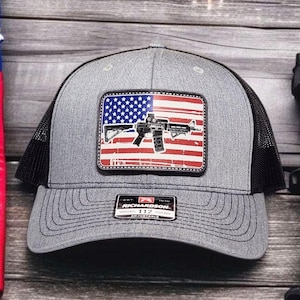 American Flag Hat with AR15, USA 2A Trucker Hat, 2nd Amendment Gift, Patriotic Gift, Father's Day Gift, UV Printed Patch, Richardson 112