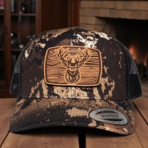 Deer Hunting Trucker Hat - Hunting Hat - Gift for Dad, Hunter & Outdoorsman - Buck Hat - Camo Deer Hat - Leather Patch Hat, Richardson 112