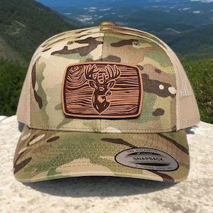 Deer Hunting Hat - Trucker Hat with Leather Patch - Hunting Gift for Dad - Outdoorsman Hat - Camo Hunting Hat - Richardson 112 Snapback