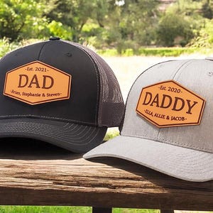 Custom Dad Hat with Kids Names - Personalized Dad Hat with Est. Date - Leather Patch Trucker Hat for Dad - New Dad Gift - Richardson 112 Hat