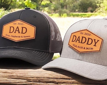 Dad Hat | Custom Hat with Kids Names | Personalized Dad Hat with Est. Date | Leather Patch Trucker Hat for Daddy | New Dad Gift
