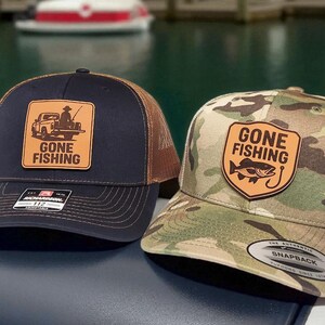 Gone Fishing Trucker Hat - Funny Fishing Hat for Men - Outdoor Fishing Hat - Gift for Fisherman or Dad - Richardson 112 Snapback Leather Hat