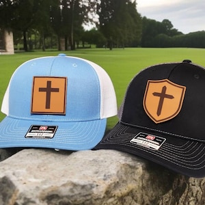 Cross Hat - Christian Trucker Hat - Faith Hat for Men & Women - Religious Gift - Jesus Hat - Leather Patch Hat with Cross - Richardson 112