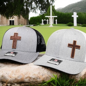 Christian Cross Hat - Leather Patch Trucker Hat - Faith Based Gift for Men & Women - Religious Hat - Christian Baseball Cap - Richardson 112