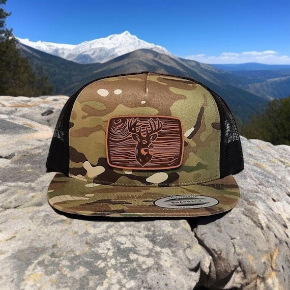 Flat Bill Deer Hunting Hat, Hunting Trucker Hat, Buck Hunting Gift, Camo Deer Hat, Leather Patch Hat, Gift for Dad, Husband or Outdoorsman