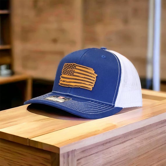 American Flag Trucker Hat - Leather Patch Snapback - Patriotic USA Cap for Dad, Husband, Outdoorsmen - Veterans & 4th of July Gifts