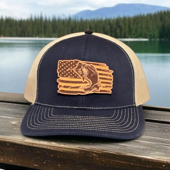 Fishing Hat with American Flag & Fish - Leather Patch Trucker hat - Patriotic Gift for Anglers, Outdoorsmen, Husband - Richardson 112 - Camo