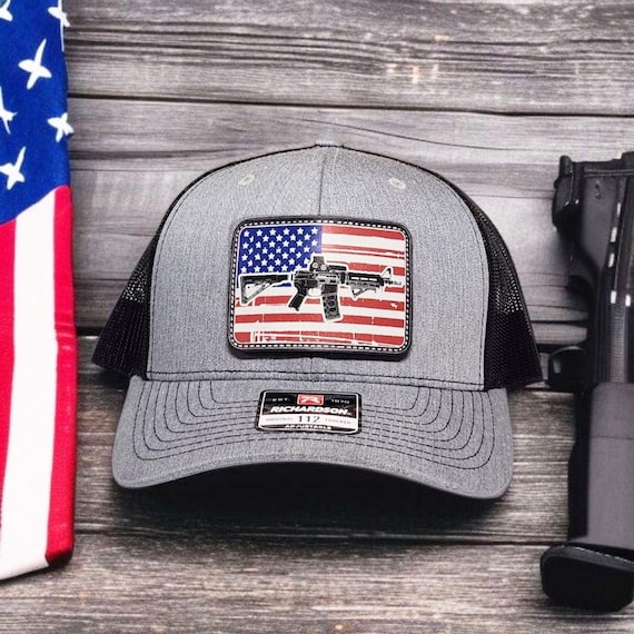 American Flag Hat with AR15, USA 2A Trucker Hat, 2nd Amendment Gift, Patriotic Gift, Father's Day Gift, UV Printed Patch, Richardson 112