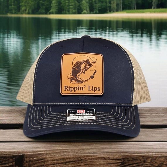 Fishing Hat for Men - Rippin Lips' Leather Patch on Richardson 112 Trucker Hat - Camo Fishing Cap - Fishing Gift for Dad, Husband or Angler