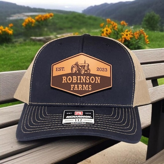 Personalized Tractor with Farm Name & Est Date Hat, Trucker Hat, Custom Leather Patch Hat, Ranch Hat, Farming Hat, Richardson 112