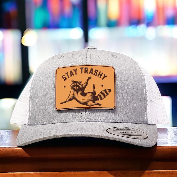 Funny Trucker Hat for Women - Stay Trashy Leather Patch Hat with Raccoon and Skunk - Gift for Men and Women - Richardson 112 Snapback