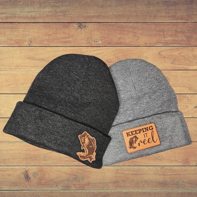fishing leather patch beanie for Dad